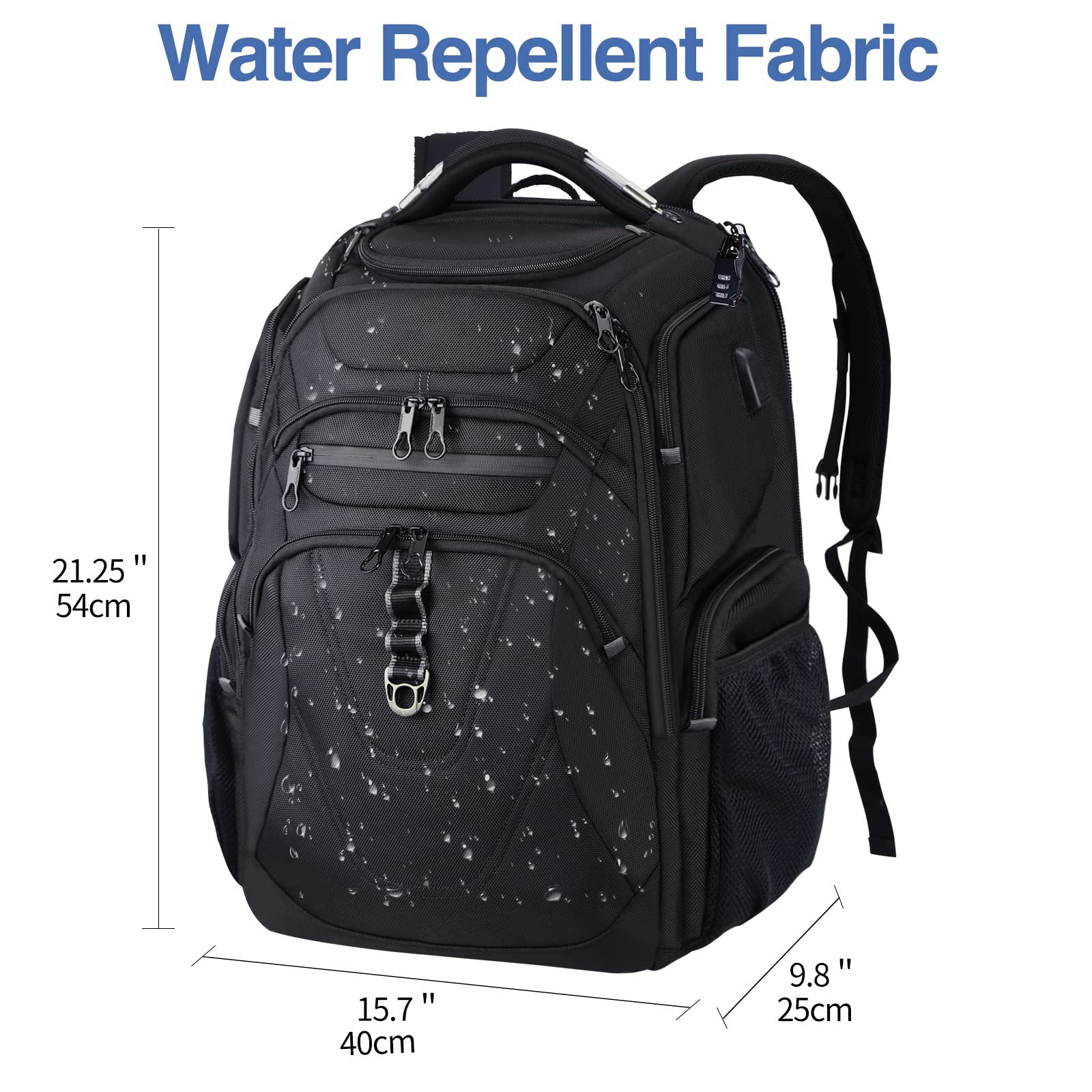 water resistant black travel backpack with large capacity design