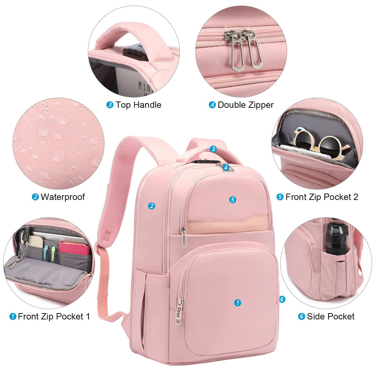 water resistant laptop backpack with side pocket and double zipper design