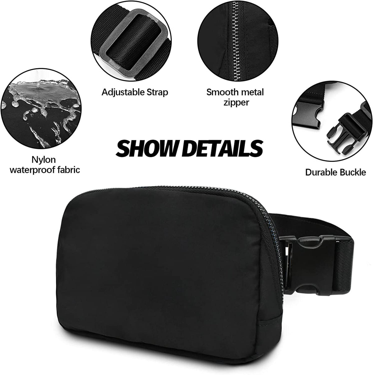 Water-resistant nylon waist bag detail graphic showing adjustable webbing strap, metal zipper teeth and quick-release buckle