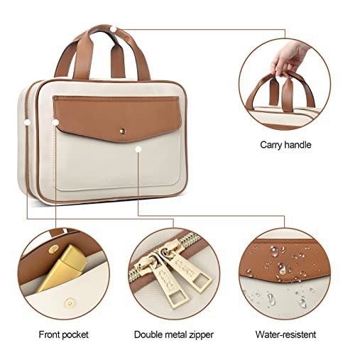 water-resistant travel makeup bag with metal zipper and hanging hook details