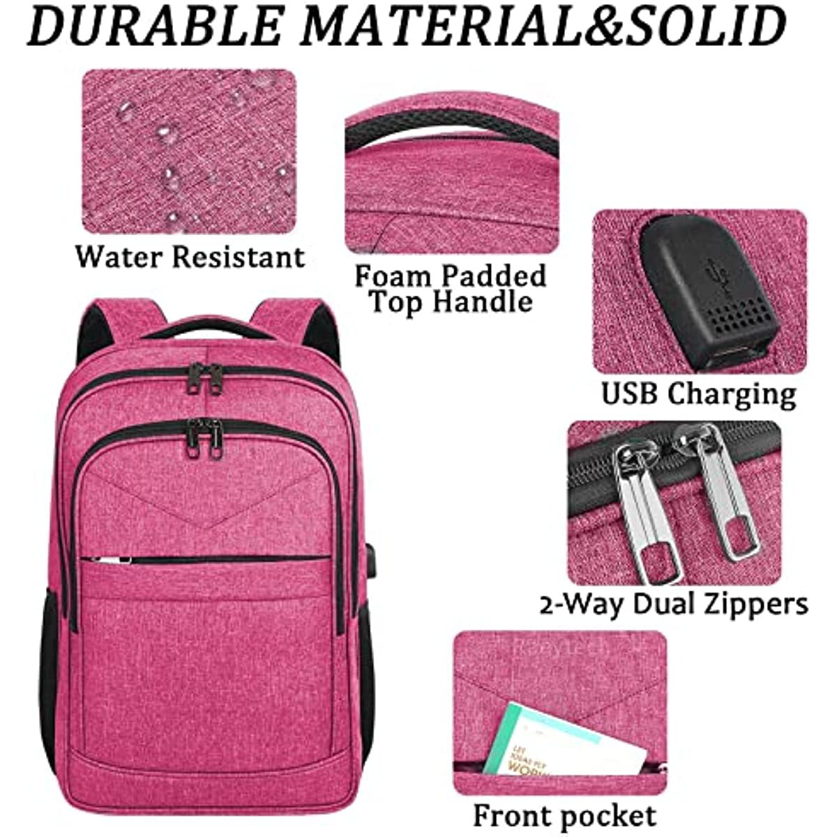 water-resistant travel pack with padded top handle, usb access, dual zippers and front storage pocket