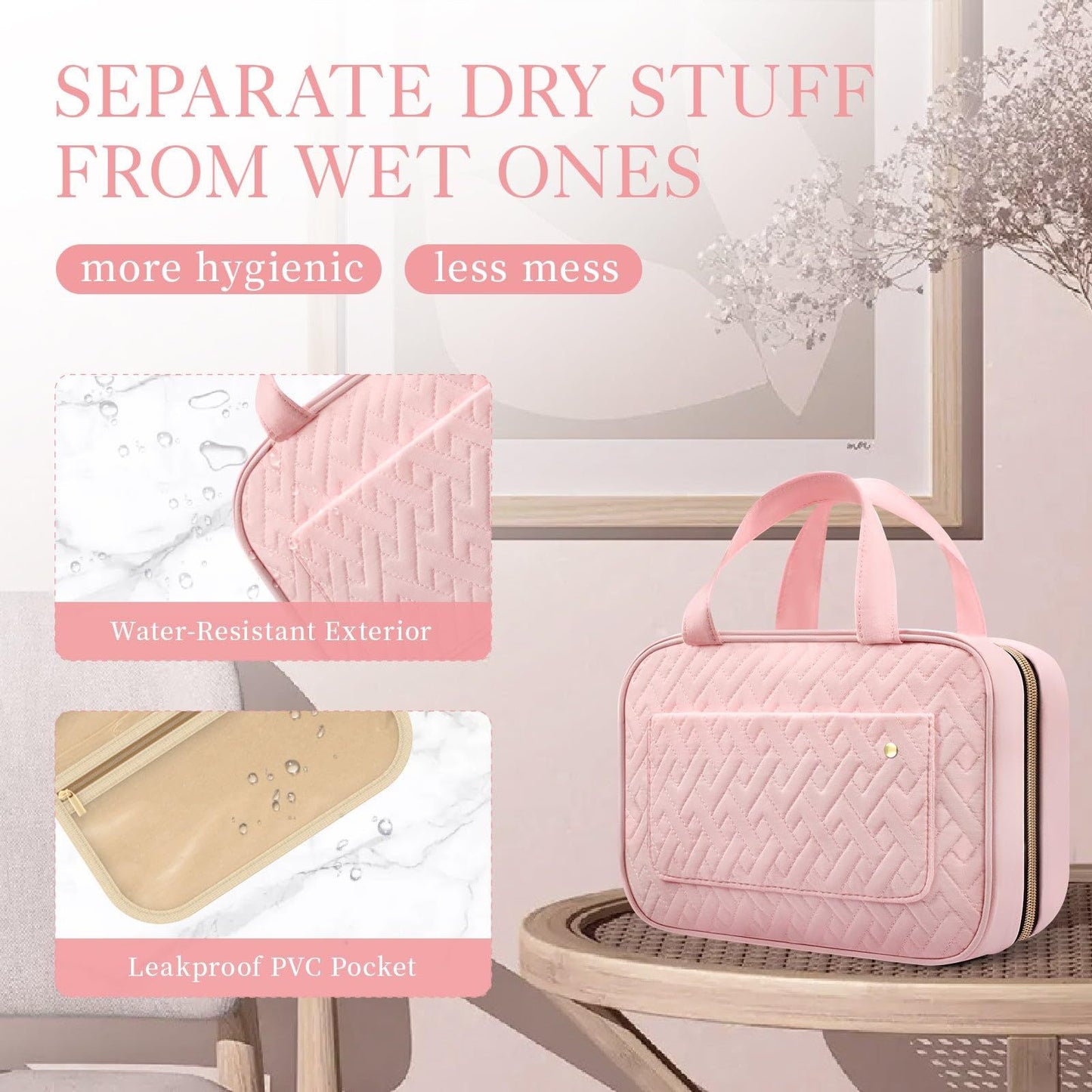 water resistant travel toiletry bag with waterproof pvc pocket for wet and dry separation