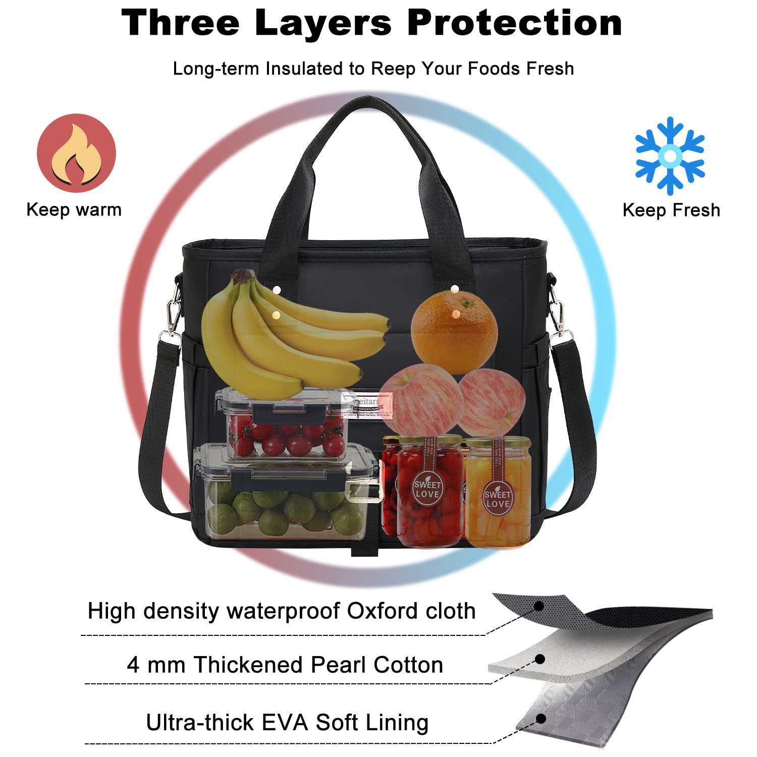 black oxford waterproof insulated cooler tote bag,custom,detail