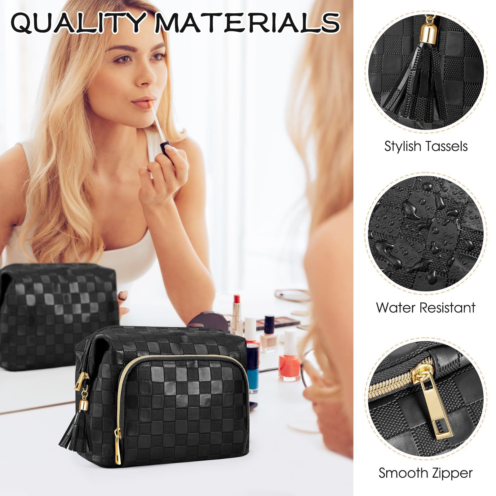 waterproof pu cosmetic bag with durable checkerboard texture