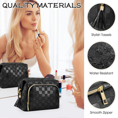 waterproof pu cosmetic bag with durable checkerboard texture