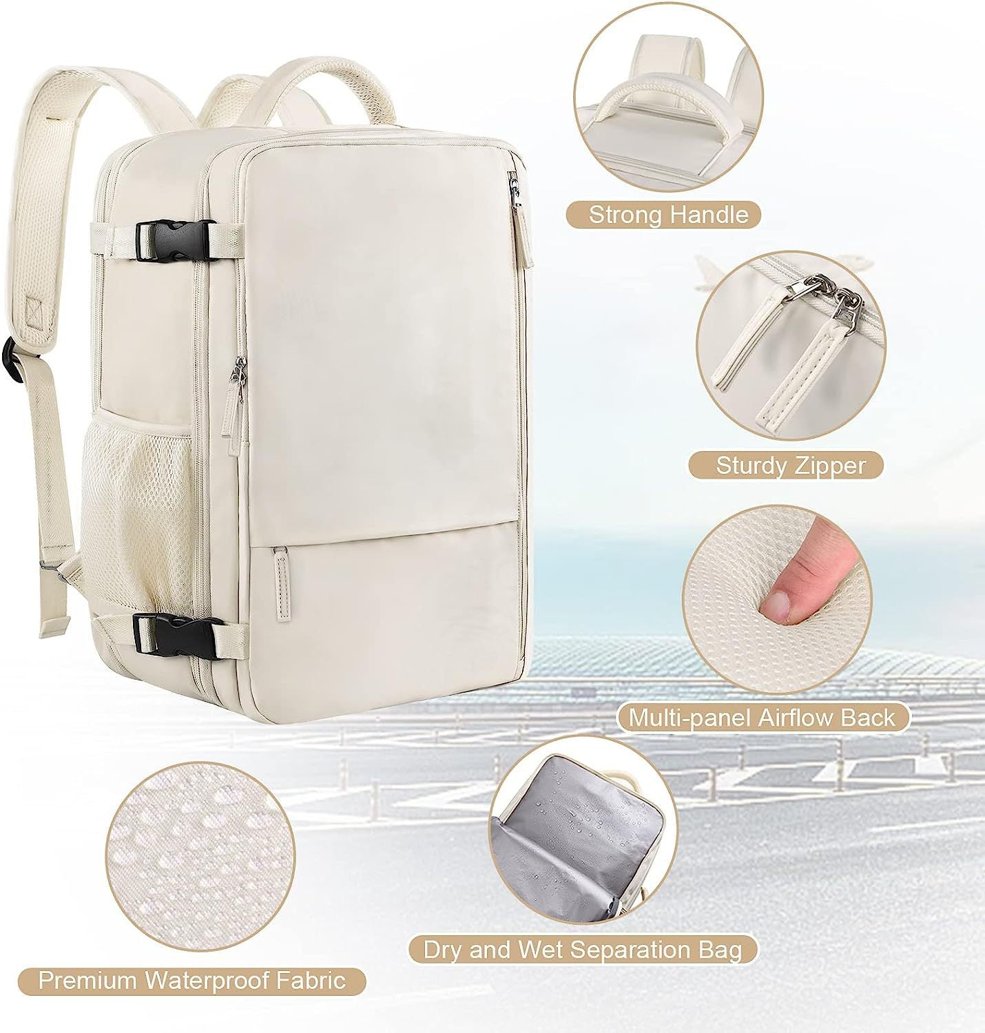waterproof travel backpack with airflow back panel and dry wet separation design