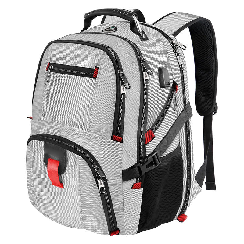 white laptop backpack with waterproof fabric and multiple compartments