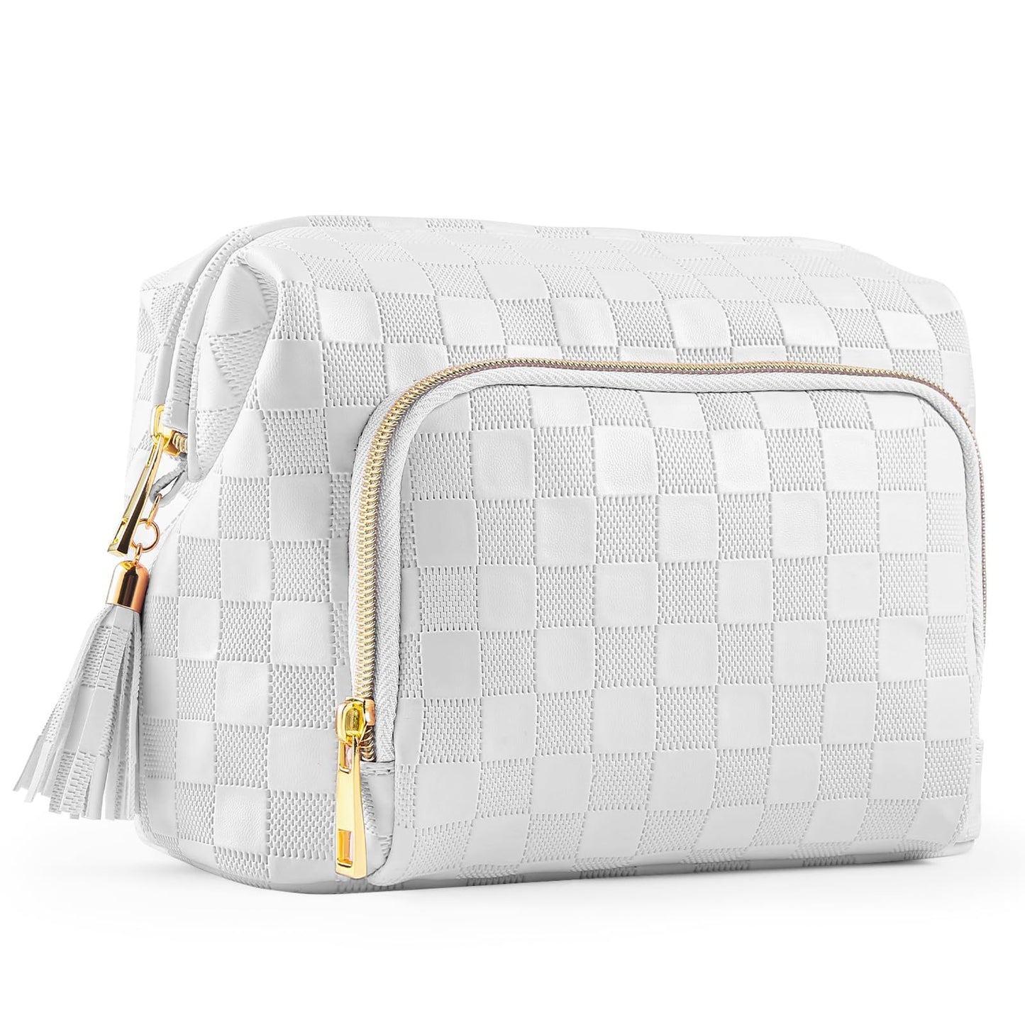 white leather cosmetic bag with checkerboard pattern and tassel decoration