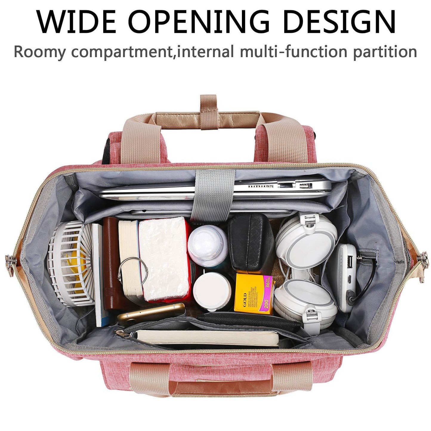 wide opening diaper backpack with laptop compartment